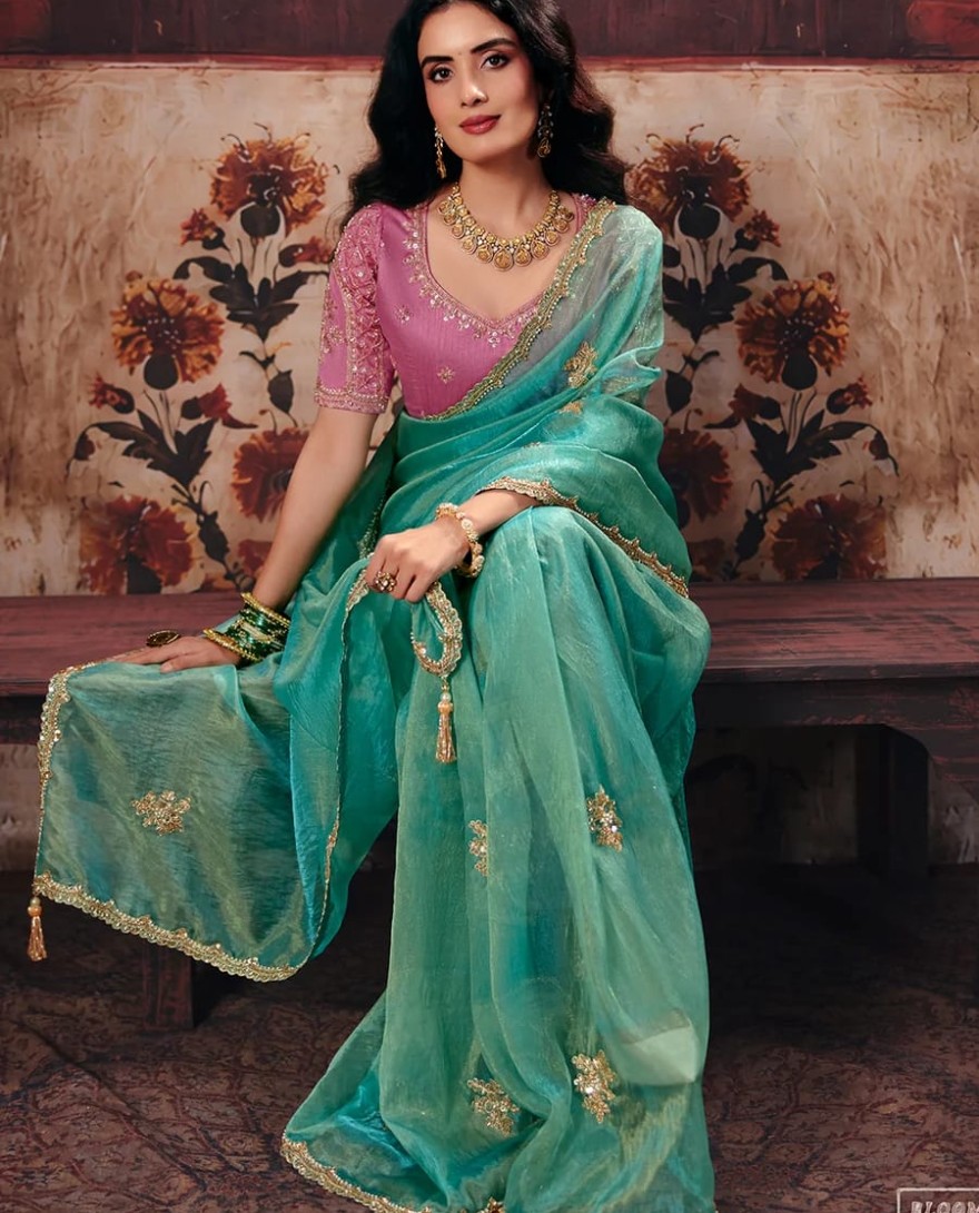 1013 - Sea Blue & Pink Designer Style Festive Wear Saree